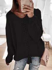 Women's long sleeve loose V-neck drawstring pullover sweater - 808Lush