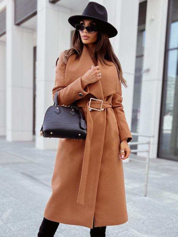 Women's long-sleeved buttoned V-neck strappy woolen coat - 808Lush