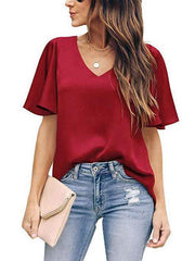 Women's loose V-neck ruffle sleeve casual top - 808Lush