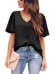 Women's loose V-neck ruffle sleeve casual top - 808Lush