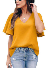 Women's loose V-neck ruffle sleeve casual top - 808Lush