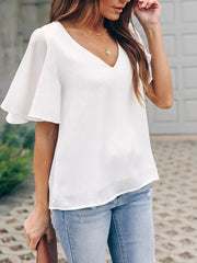 Women's loose V-neck ruffle sleeve casual top - 808Lush