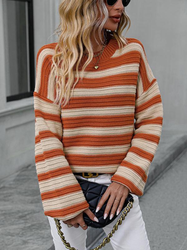 Women's loose striped round neck long sleeve pullover sweater - 808Lush