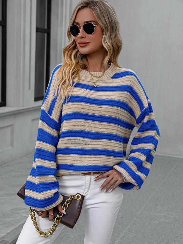 Women's loose striped round neck long sleeve pullover sweater - 808Lush