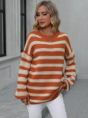 Women's loose striped round neck long sleeve pullover sweater - 808Lush