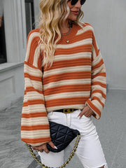 Women's loose striped round neck long sleeve pullover sweater - 808Lush