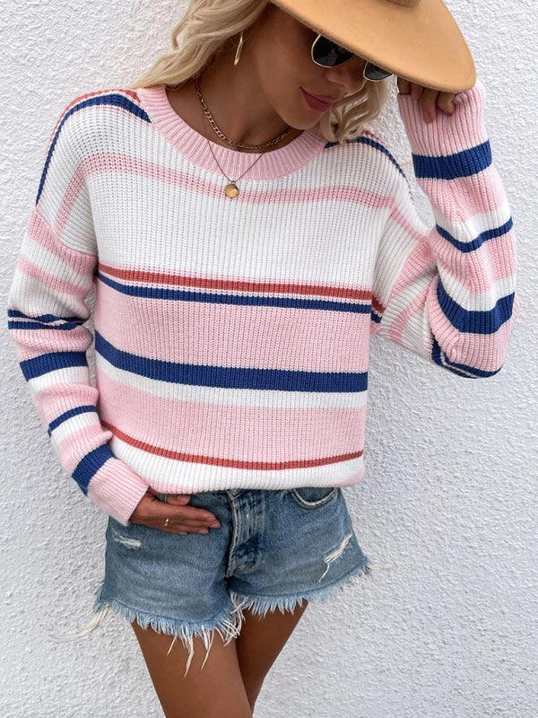 Women's loose striped round neck long sleeve pullover sweater - 808Lush