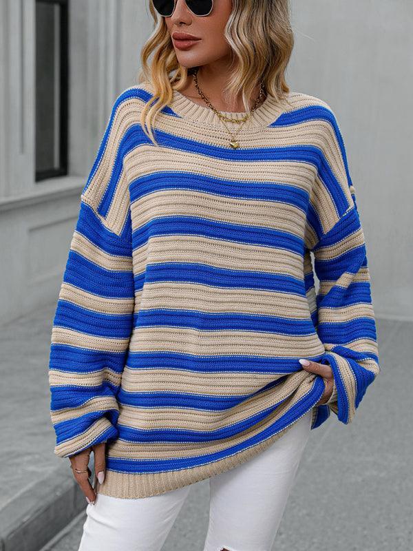 Women's loose striped round neck long sleeve pullover sweater - 808Lush