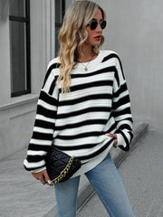 Women's loose striped round neck long sleeve pullover sweater - 808Lush