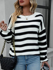 Women's loose striped round neck long sleeve pullover sweater - 808Lush