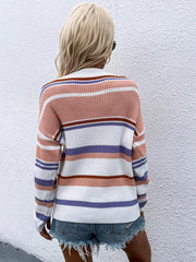 Women's loose striped round neck long sleeve pullover sweater - 808Lush