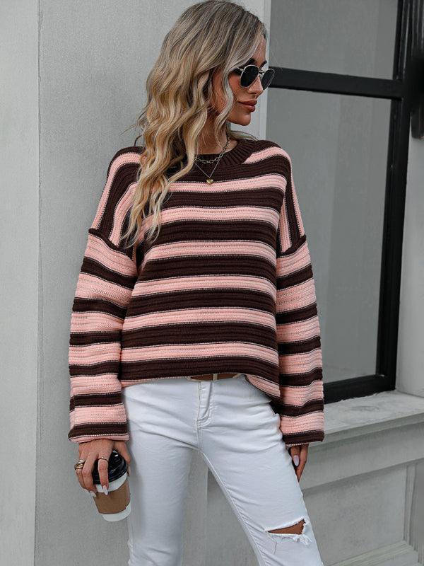 Women's loose striped round neck long sleeve pullover sweater - 808Lush