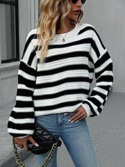 Women's loose striped round neck long sleeve pullover sweater - 808Lush