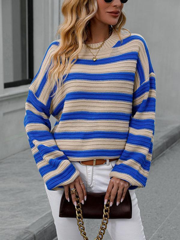 Women's loose striped round neck long sleeve pullover sweater - 808Lush