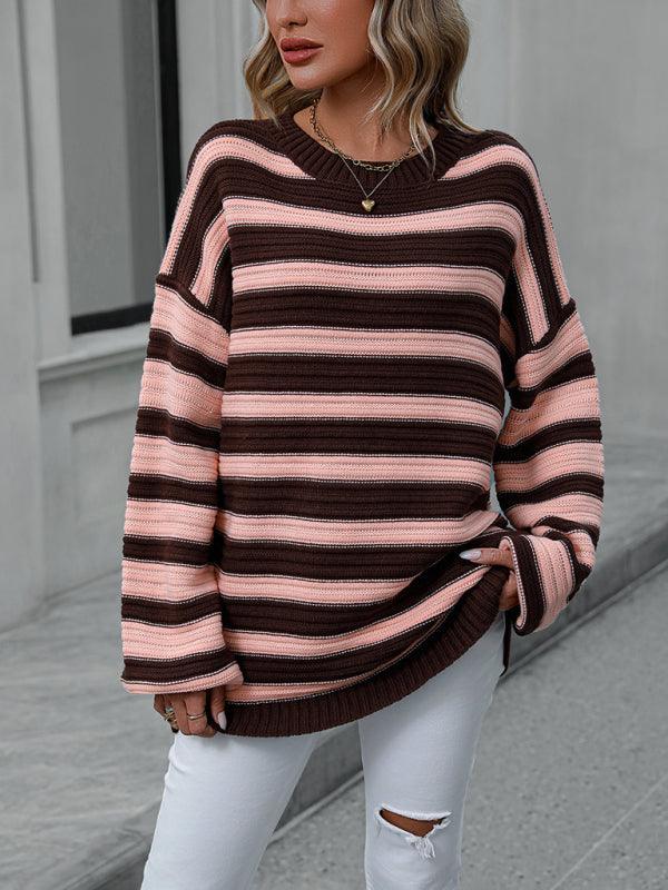 Women's loose striped round neck long sleeve pullover sweater - 808Lush