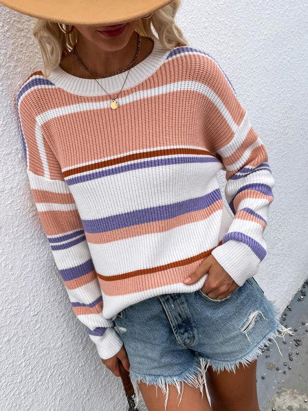 Women's loose striped round neck long sleeve pullover sweater - 808Lush