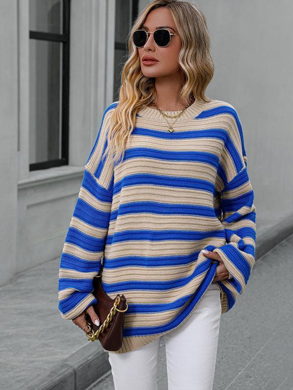 Women's loose striped round neck long sleeve pullover sweater - 808Lush