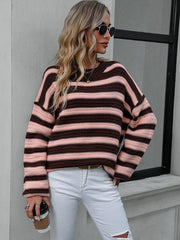 Women's loose striped round neck long sleeve pullover sweater - 808Lush