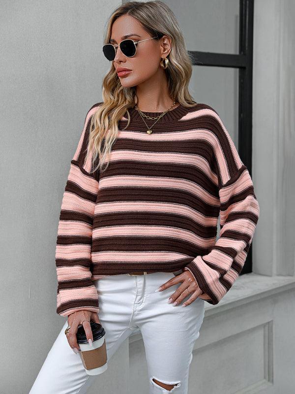 Women's loose striped round neck long sleeve pullover sweater - 808Lush