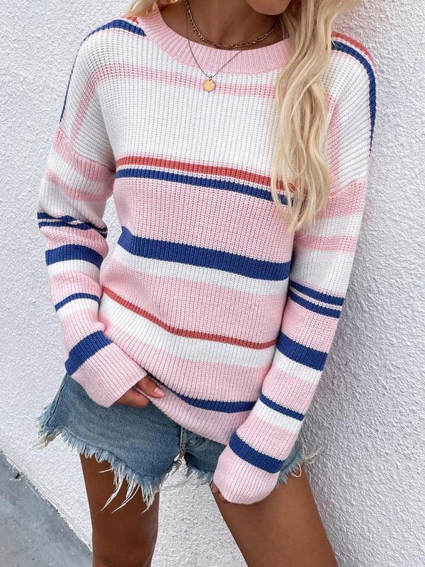 Women's loose striped round neck long sleeve pullover sweater - 808Lush