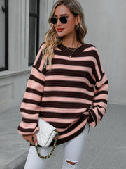 Women's loose striped round neck long sleeve pullover sweater - 808Lush