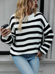 Women's loose striped round neck long sleeve pullover sweater - 808Lush