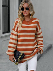 Women's loose striped round neck long sleeve pullover sweater - 808Lush