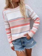 Women's loose striped round neck long sleeve pullover sweater - 808Lush