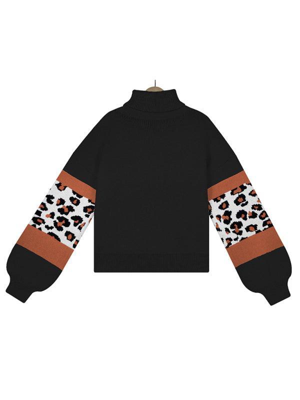 Women's loose turtleneck long sleeve leopard print sweater - 808Lush