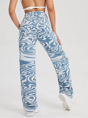 Women's loose water ripple printed straight denim trousers - 808Lush