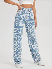 Women's loose water ripple printed straight denim trousers - 808Lush