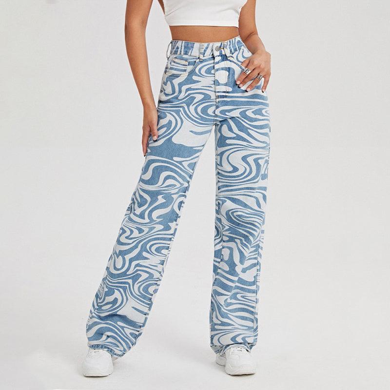 Women's loose water ripple printed straight denim trousers - 808Lush