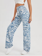 Women's loose water ripple printed straight denim trousers - 808Lush