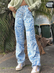 Women's loose water ripple printed straight denim trousers - 808Lush