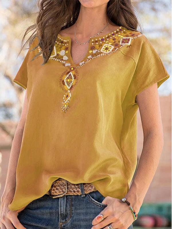 Women's loose western ethnic style top short-sleeved t-shirt - 808Lush