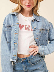 Women's love sequin denim jacket raw edge short top - 808Lush