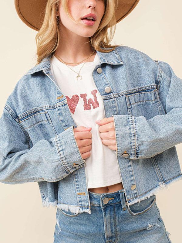 Women's love sequin denim jacket raw edge short top - 808Lush