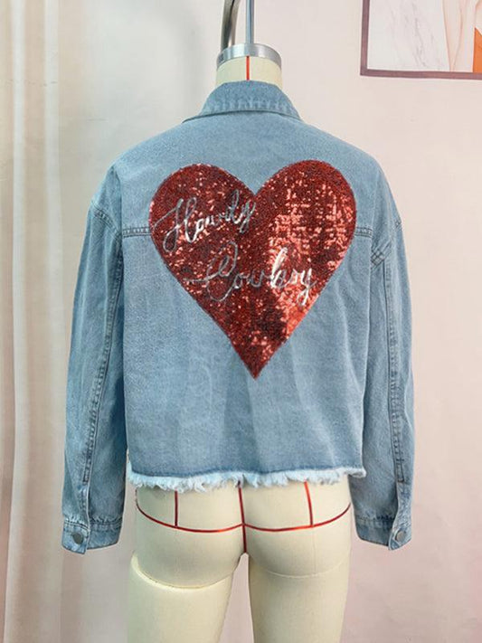 Women's love sequin denim jacket raw edge short top - 808Lush