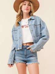 Women's love sequin denim jacket raw edge short top - 808Lush