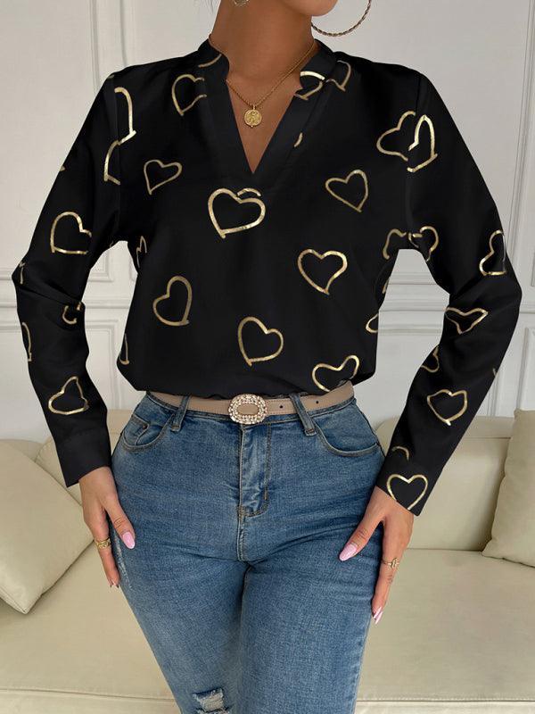 Women's love stamping elegant V-neck shirt - 808Lush