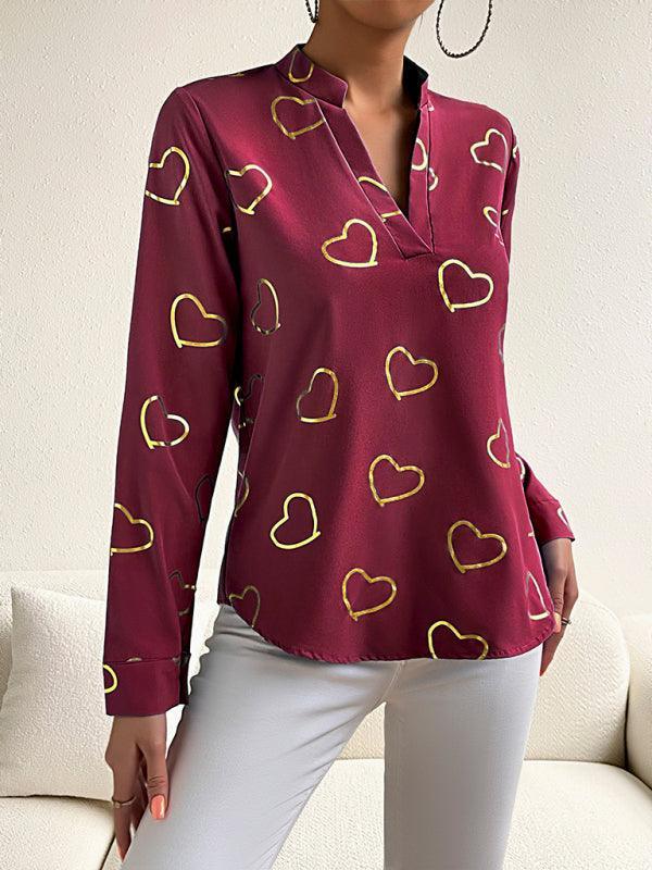 Women's love stamping elegant V-neck shirt - 808Lush