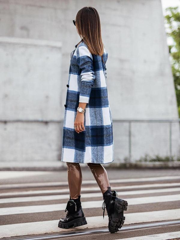 Women's mid-length plaid woolen printed coat - 808Lush