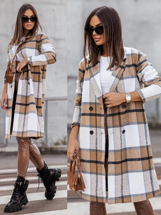 Women's mid-length plaid woolen printed coat - 808Lush