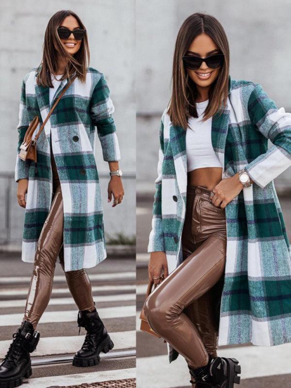 Women's mid-length plaid woolen printed coat - 808Lush