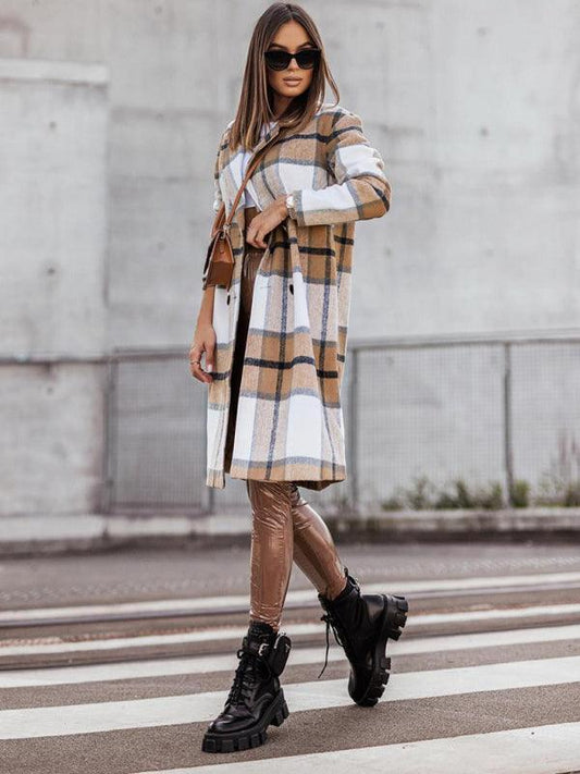 Women's mid-length plaid woolen printed coat - 808Lush