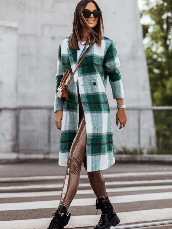 Women's mid-length plaid woolen printed coat - 808Lush