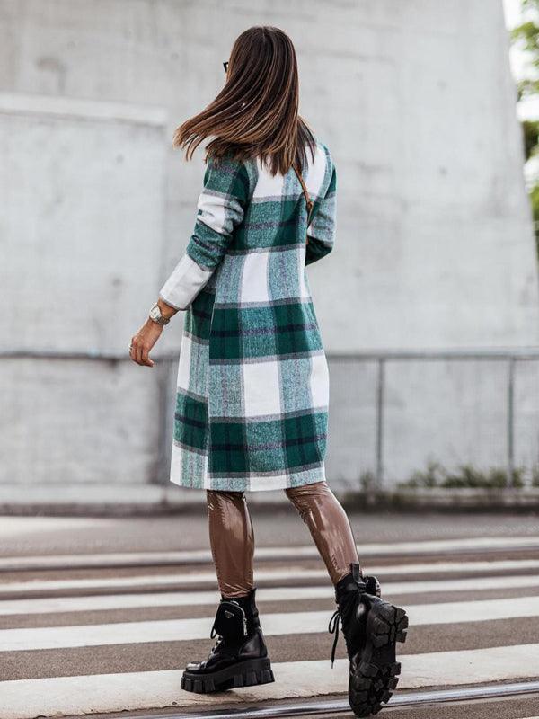 Women's mid-length plaid woolen printed coat - 808Lush