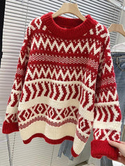 Women's Christmas geometric pattern round neck pullover sweater - 808Lush