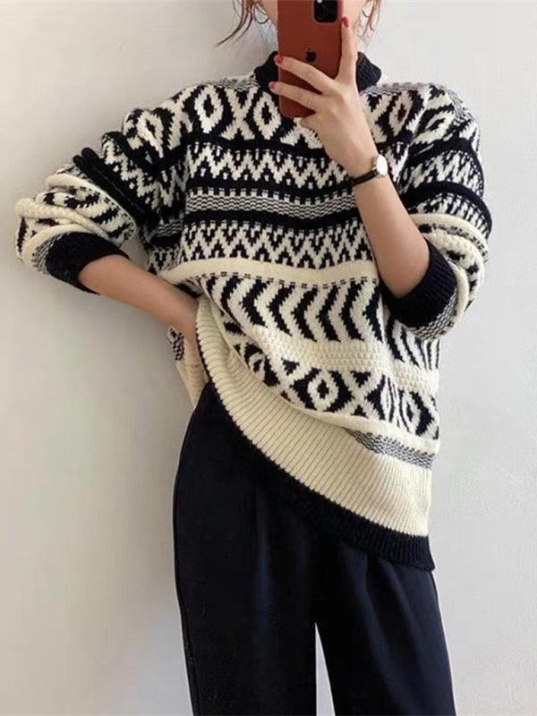 Women's Christmas geometric pattern round neck pullover sweater - 808Lush