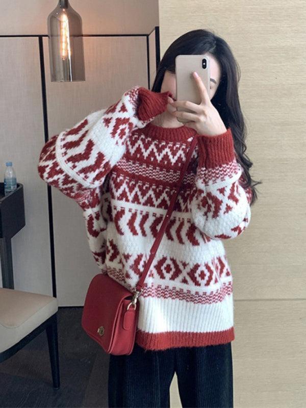 Women's Christmas geometric pattern round neck pullover sweater - 808Lush